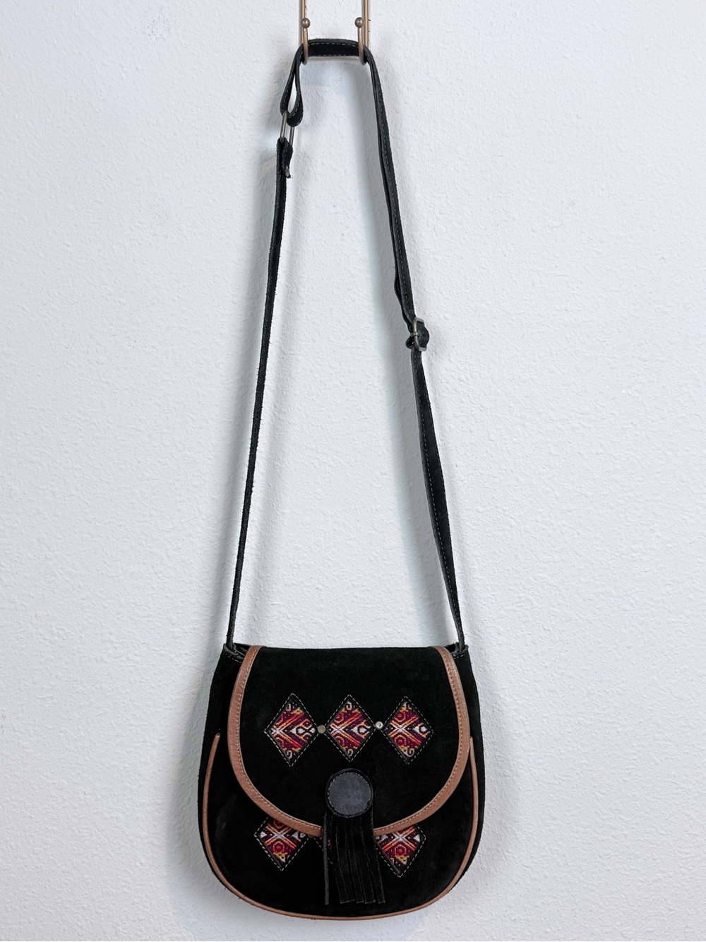 Vintage Lema Aparina Ecuador Black Suede Crossbody Bag with Woven Accents